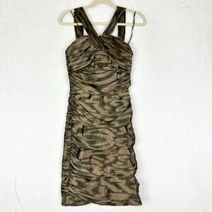 Carmen Marc Valvo Collection Silk Mini Dress Size 4 Metallic Gold Ruched Y2K